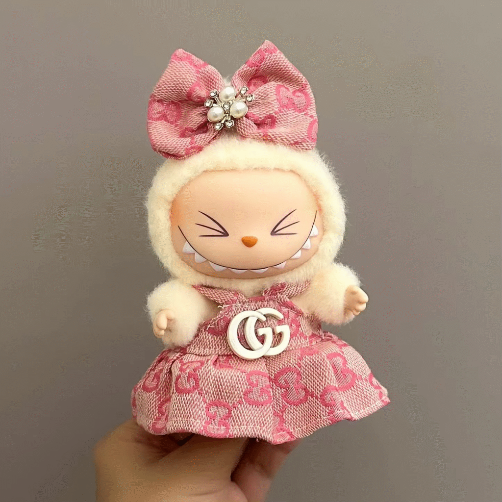 Robe rose monogramme GG et pince papillon haute couture pour figurine Labubu.