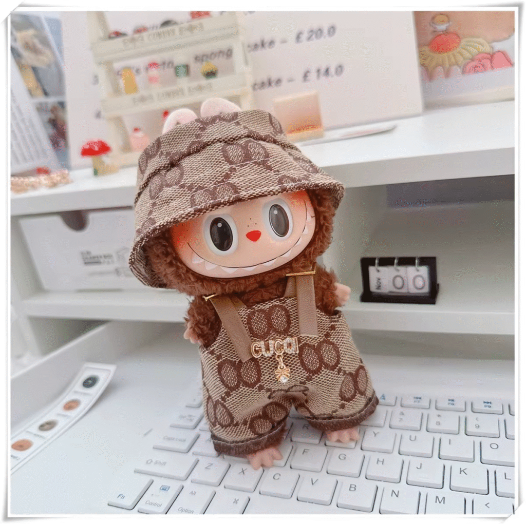 Salopette et bob style Gucci beige monogramme GG pour figurine Labubu 17cm.
