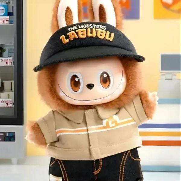 Figurine Labubu Convenience Store marron, peluche vinyle, uniforme beige, décor supérette.