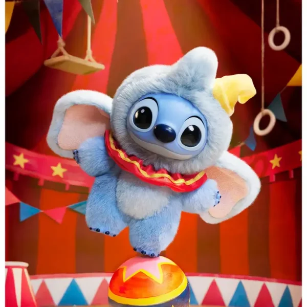 Labubu Stitch Dumbo Pop Mart, figurine flockée en costume de cirque sur ballon coloré.