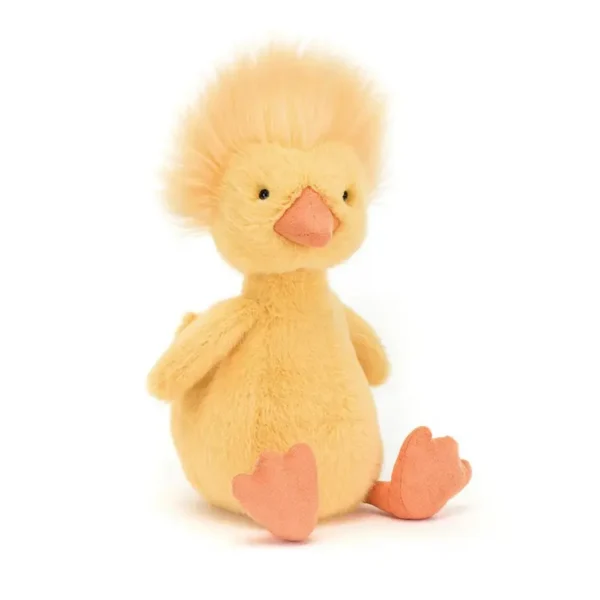 Peluche canard doux jaune pâle façon Jellycat, huppe décoiffée, bec saumon.
