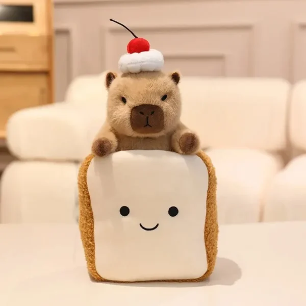 Peluche Capybara Toast design Jelly, kawaii, marron, avec cerise et crème.