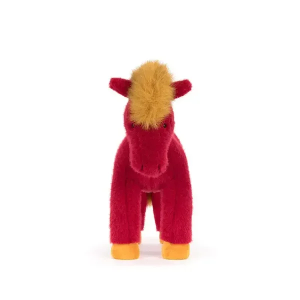 Peluche cheval design façon Jelly, rouge framboise, crinière jaune moutarde, douceur premium.