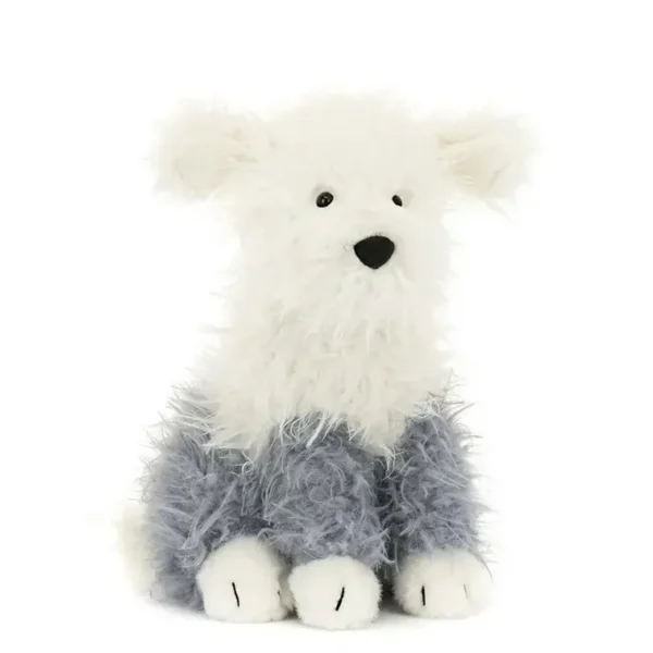 Peluche chien Bobtail assise, blanc et gris, poils longs, qualité Jellycat premium.