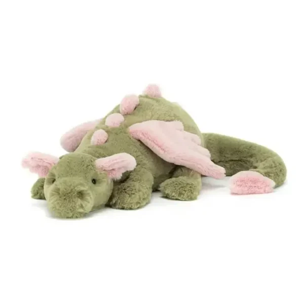 Peluche dragon vert sauge et rose pâle, allongé, design façon Jelly, qualité premium.