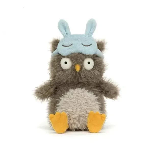Peluche hibou endormi gris-brun, masque de sommeil lapin bleu ciel, design Jellycat.