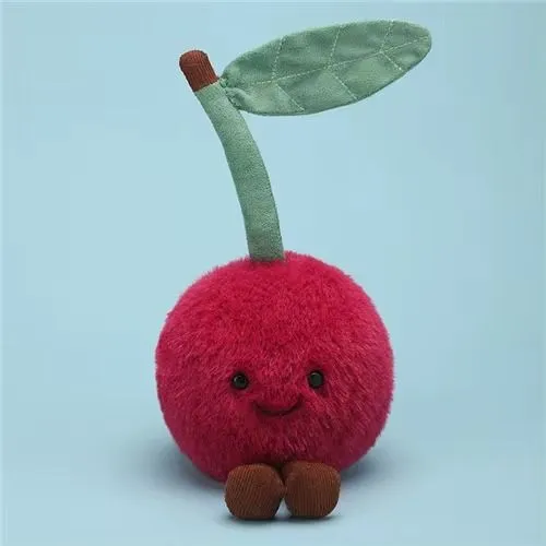 Peluche Cerise façon Jelly kawaii rose violacé avec feuilles vertes texturées.