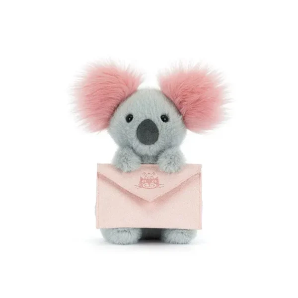 Peluche Koala assise design Jellycat avec grandes oreilles rose vif et pochette chat brodé.