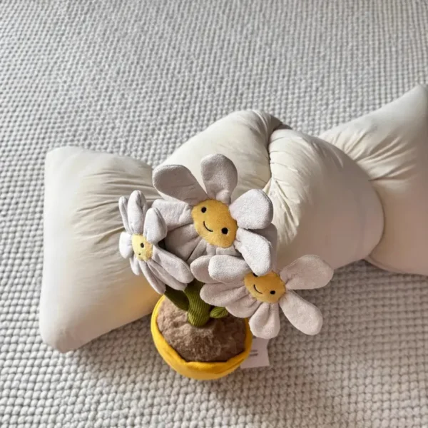 Peluche Marguerite décoration, 3 fleurs souriantes blanches, pot jaune, style Jellycat