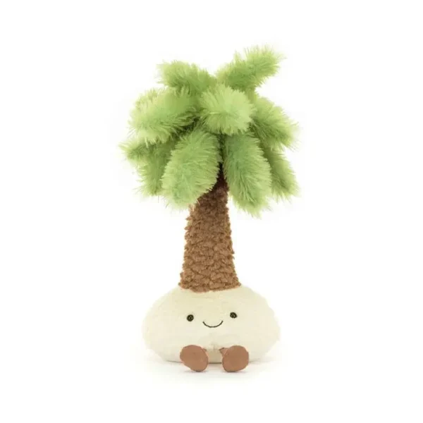 Peluche palmier kawaii premium design Jellycat, vert marron, feuilles douces et tronc texturé, souriant.
