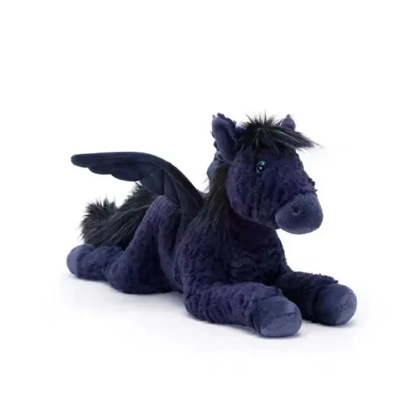 Peluche Pégase bleu marine façon Jellycat, douce et texturée, allongée.