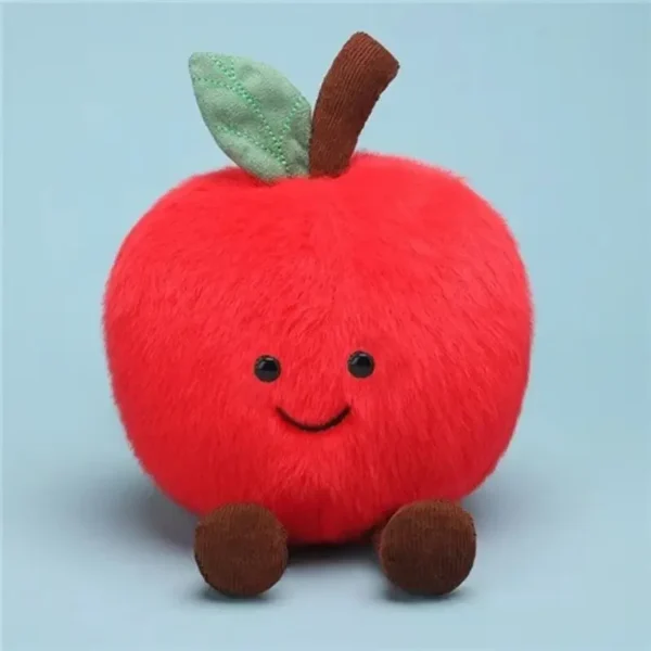 Peluche pomme rouge vif kawaii façon Jellycat, assise, fourrure douce, visage souriant brodé.