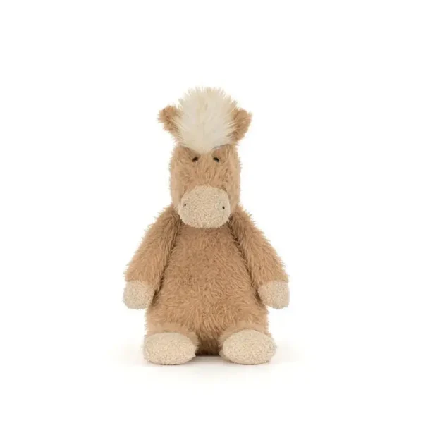 Peluche poney beige clair façon Jellycat, fourrure ébouriffée, crinière blanche, yeux ronds.