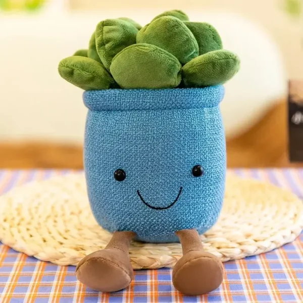 Peluche Pot de Fleurs Bleu Design façon Jellycat , succulente anthropomorphe souriante, velours doux.