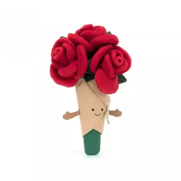 Peluche Rose Fleurie Jellycat Dream, bouquet roses rouges, emballage beige kawaii 35cm.