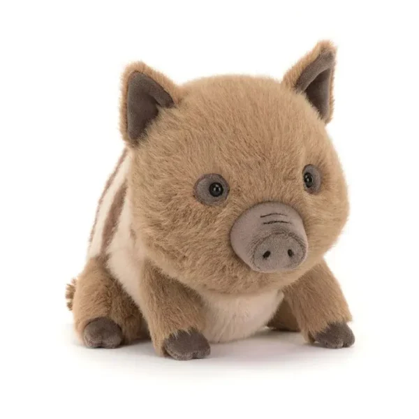 Peluche marcassin brune rayée douce, pelage duveteux, qualité premium façon Jellycat.