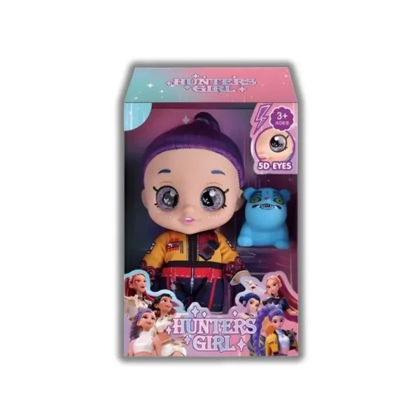 Figurine HUNTERS GIRL Rumi K-pop Demon Hunters 18cm, yeux 5D scintillants, compagnon monstre bleu.