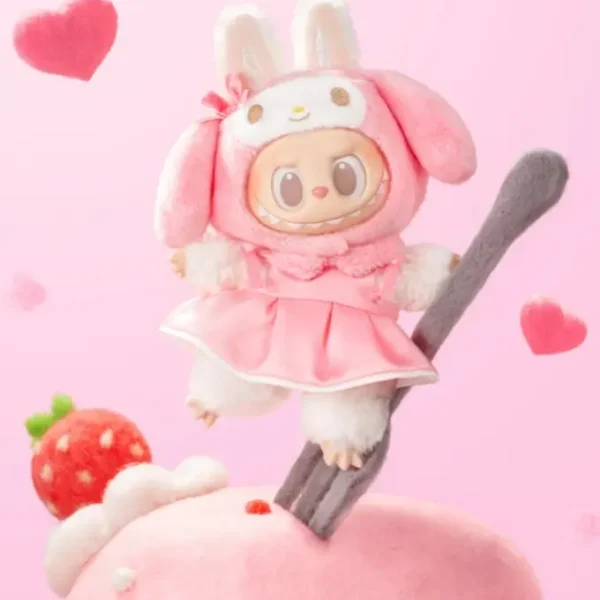 Pop Mart Labubu My Melody figurine peluche kawaii Sanrio sur cupcake pastel.